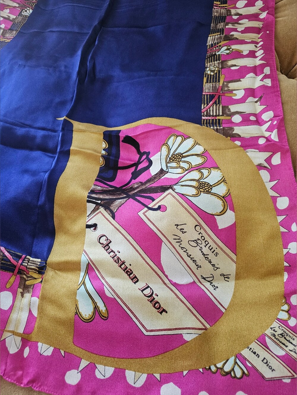 Vintage Christian Dior Silk Scarf "Croquis les Broderies de Monsieur Dior" Blue